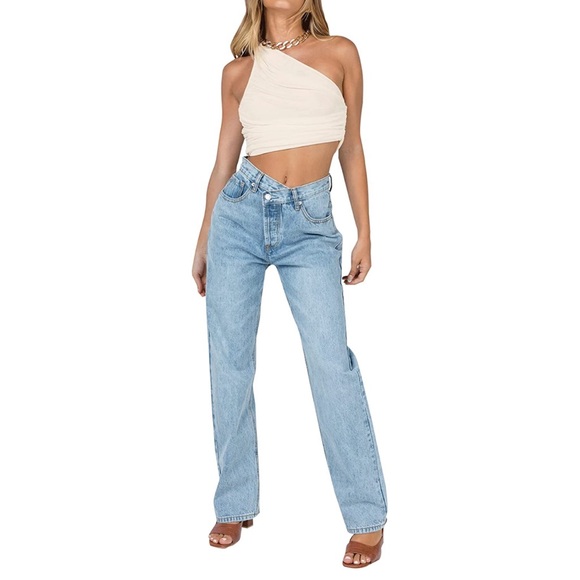 Ruched white cream one shoulder sleeveless crop top - Picture 4 of 5